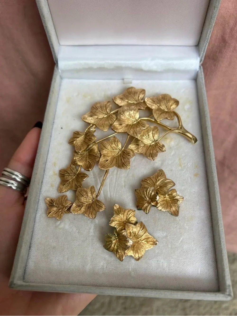 Christian Dior Gold Floral Leaf Brooch and Earring Set - Women Jewelry